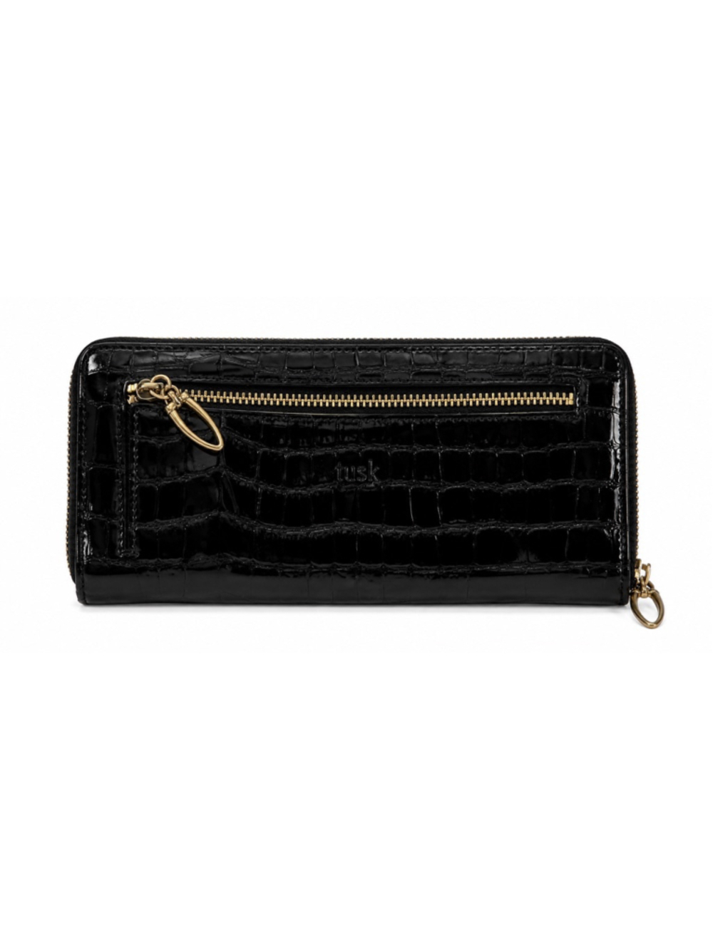 Tusk Black Croc Embossed Zip Around Wallet Leather Organizer Clutch
